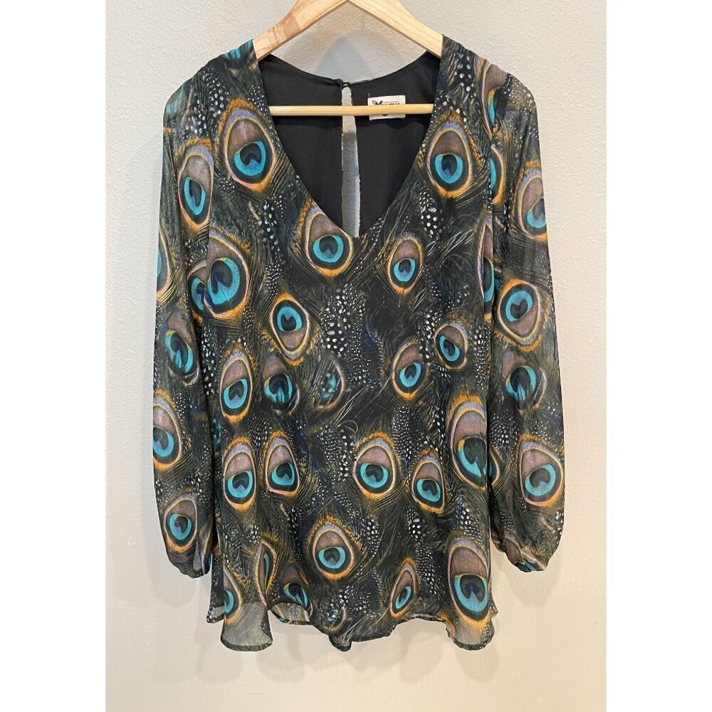 Show Me Your Mumu Peacock Tunic Blouse XS Peasant Sleeves Flowy Chiffon Boho